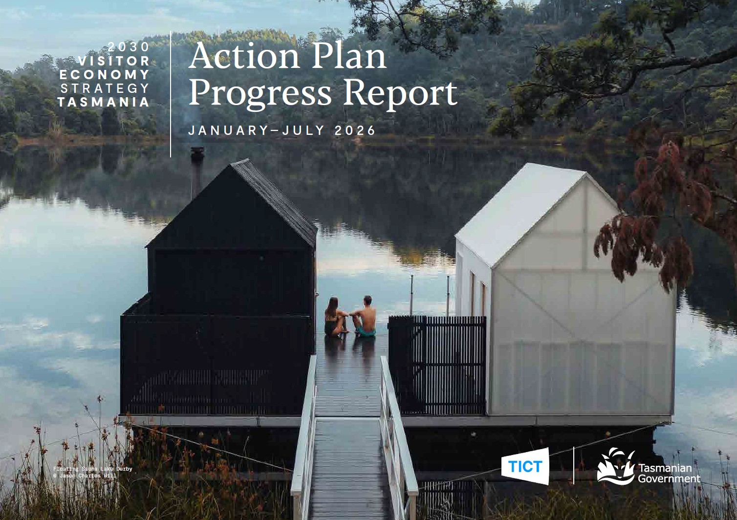 2030 Visitor Economy Strategy Action Plan Progress Report cover, January to July 2026, Floating Sauna Lake Derby