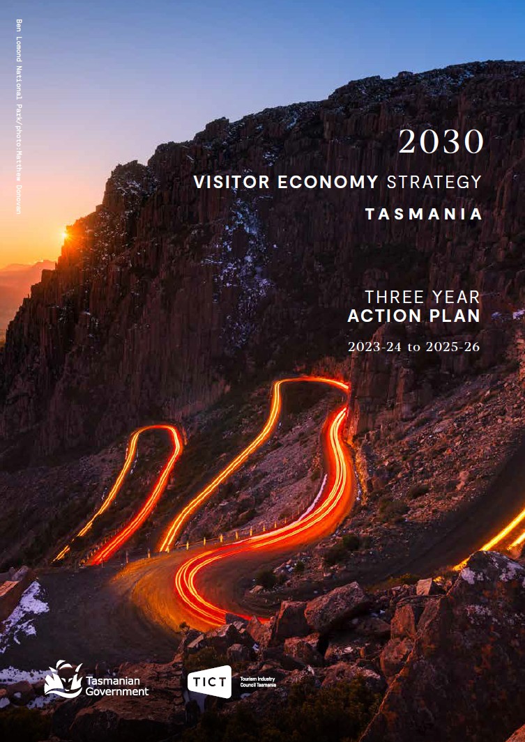 Cover of the 2030 Visitor Economy Strategy Tasmania Three Year Action Plan, 2023-24 to 2025-26