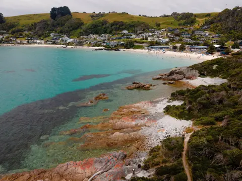 Aerial view of Boat Harbour Beach with white sand and turquoise water seen from a coastal headland, North West Tasmania