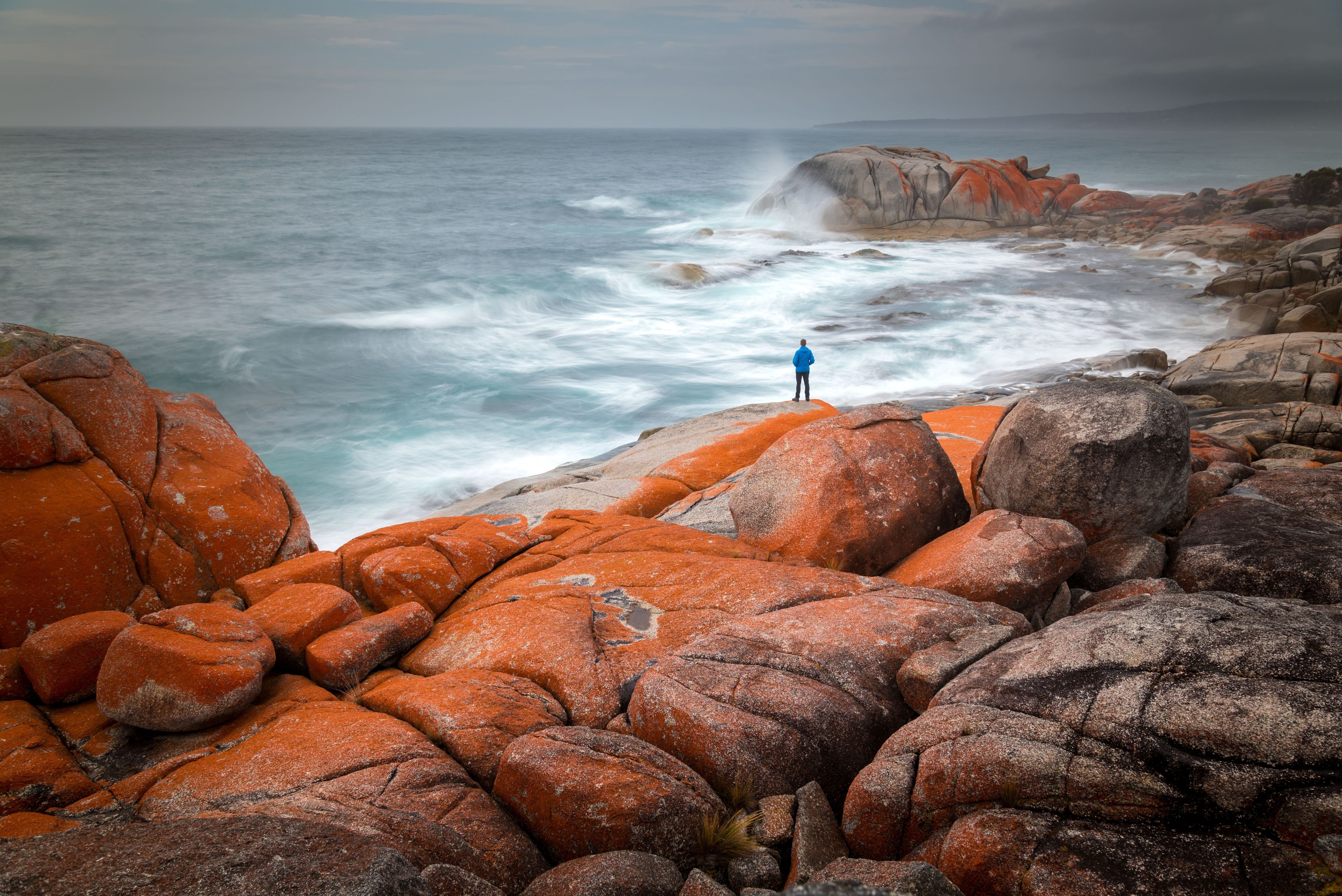 A person in a blue jacket stands on orange lichen-covered granite boulders as waves crash at larapuna / Bay of Fires