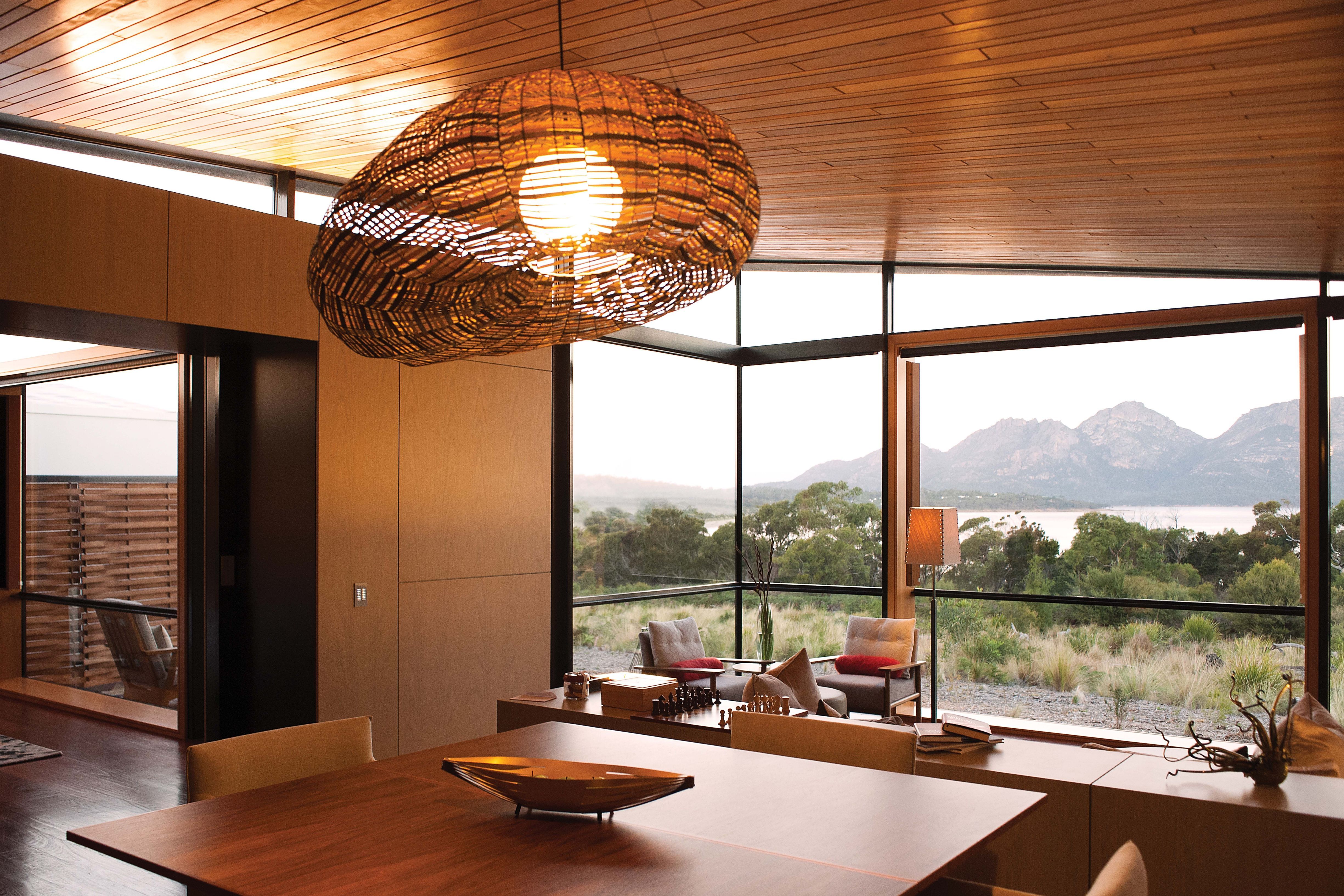 Saffire Freycinet Private Pavilion interior with mountain and water views, Tasmania's East Coast