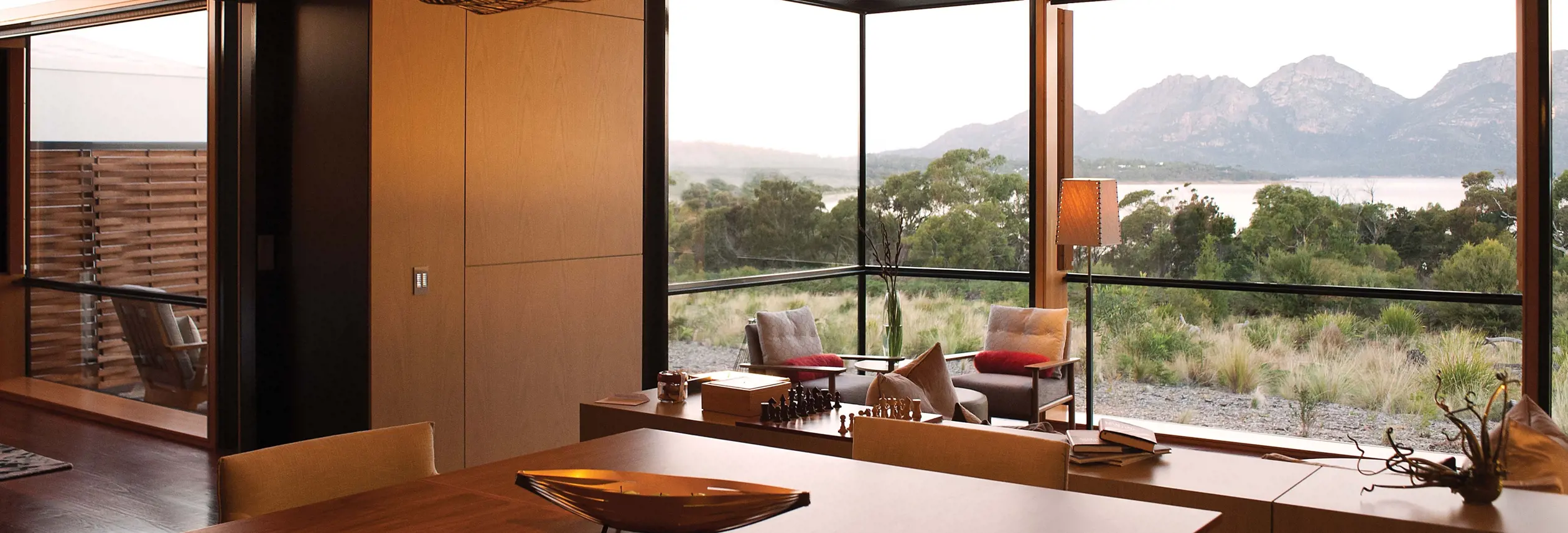 Saffire Freycinet Private Pavilion interior with mountain and water views, Tasmania's East Coast