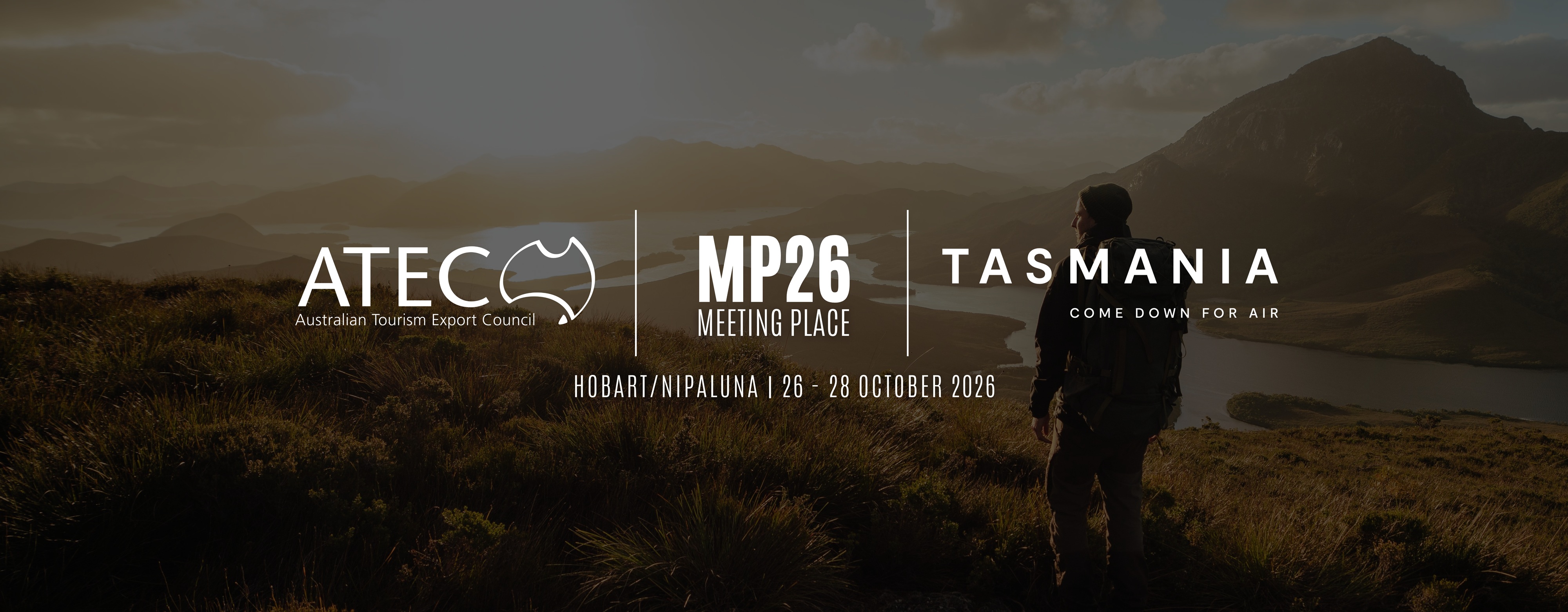 ATEC Meeting Place MP26 event artwork, Hobart 26 to 28 October 2026, with Tasmania Come Down For Air branding