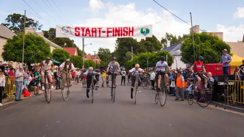 Penny farthing riders at the National Penny Farthing Championships, part of the Evandale Village Fair in northern Tasmania