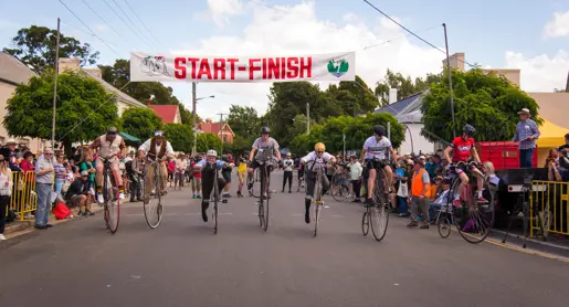 Penny farthing riders at the National Penny Farthing Championships, part of the Evandale Village Fair in northern Tasmania