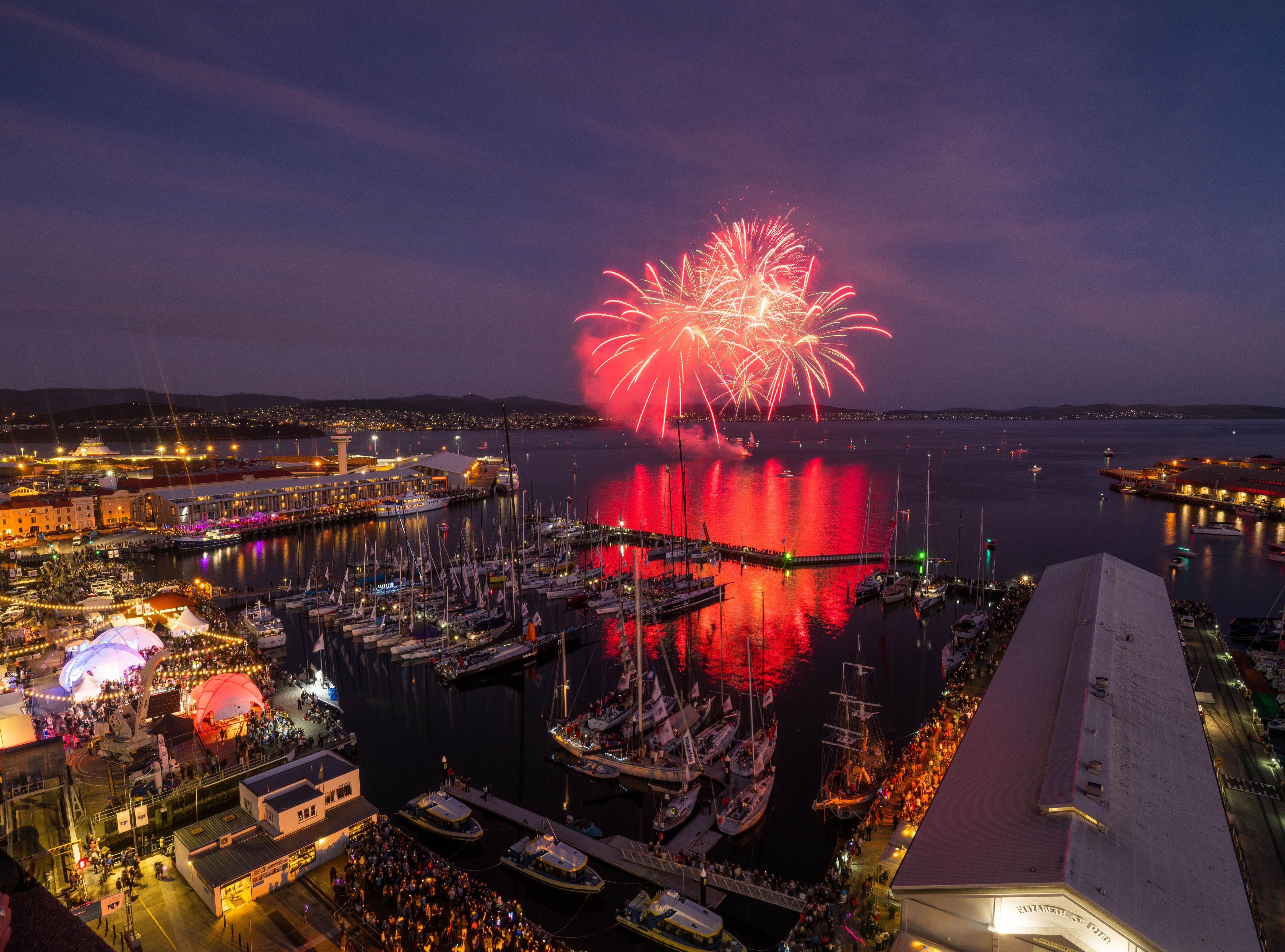 Fireworks bursting over the Hobart waterfront on New Year's Eve, Tasmania