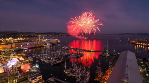 Fireworks bursting over the Hobart waterfront on New Year's Eve, Tasmania
