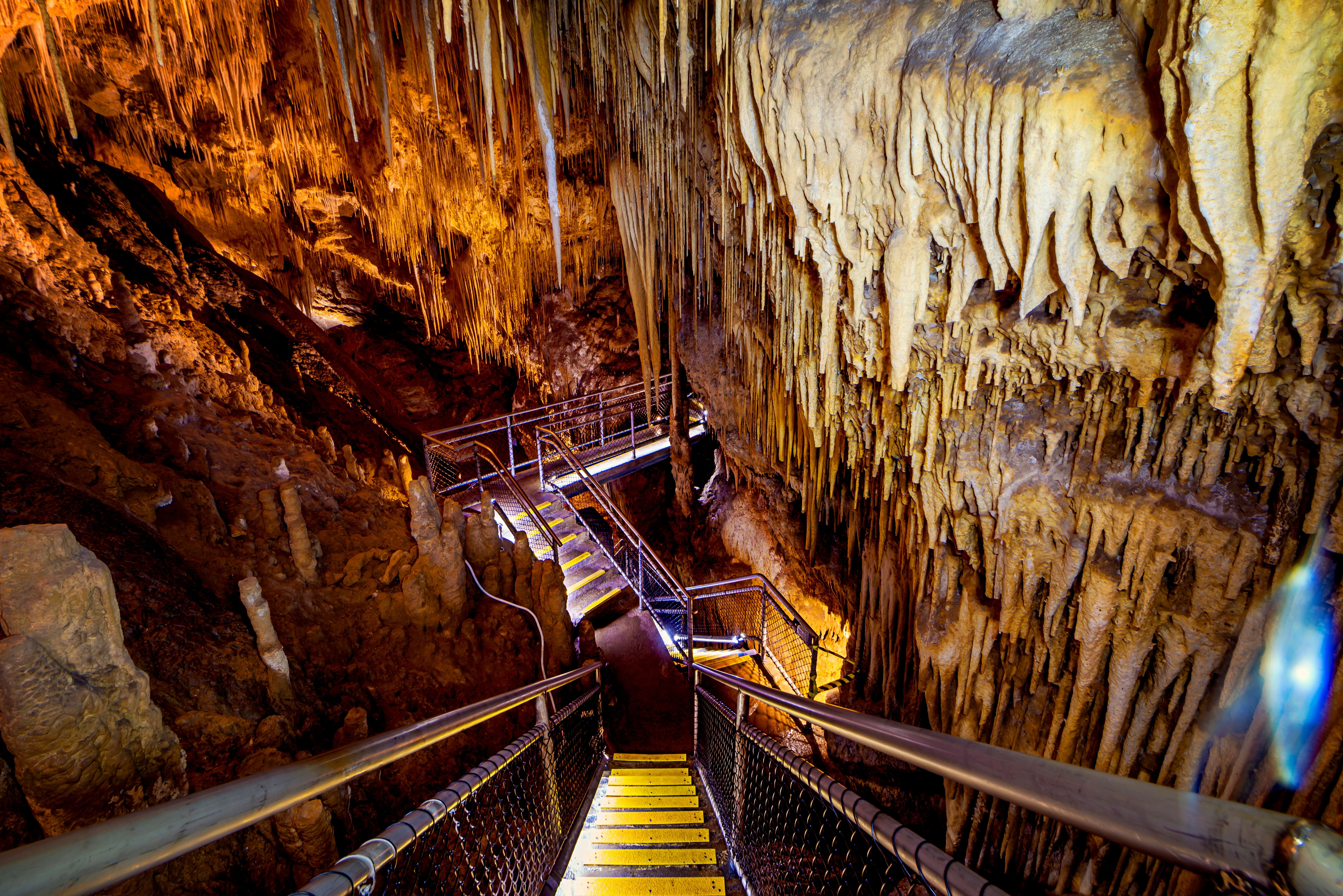 Stairway through stalactites at Newdegate Cave, Hastings Caves and Thermal Springs in Tasmania's Huon Valley