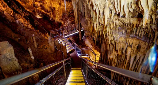 Stairway through stalactites at Newdegate Cave, Hastings Caves and Thermal Springs in Tasmania's Huon Valley
