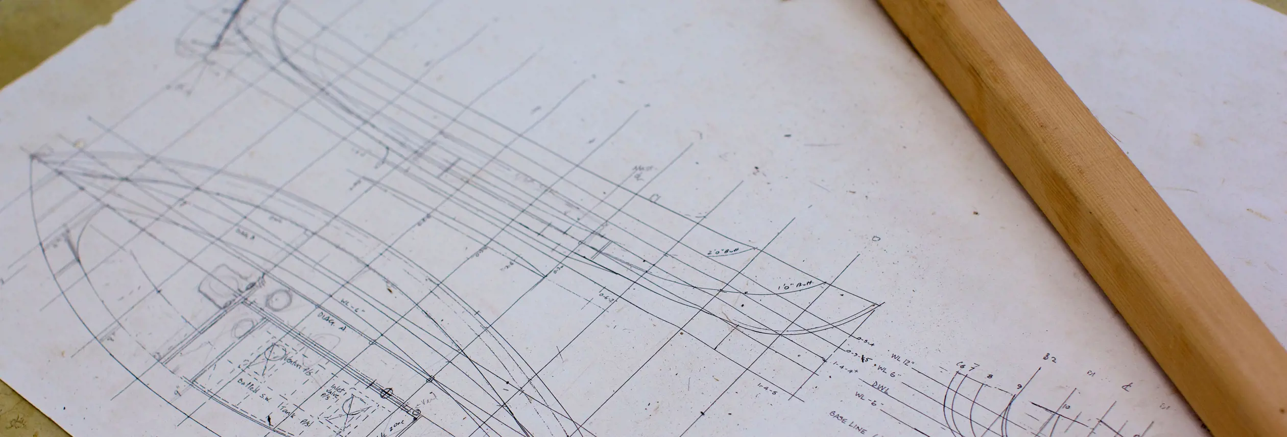 Hand drawn boat plans at the Wooden Boat Centre Tasmania, Franklin in the Huon Valley