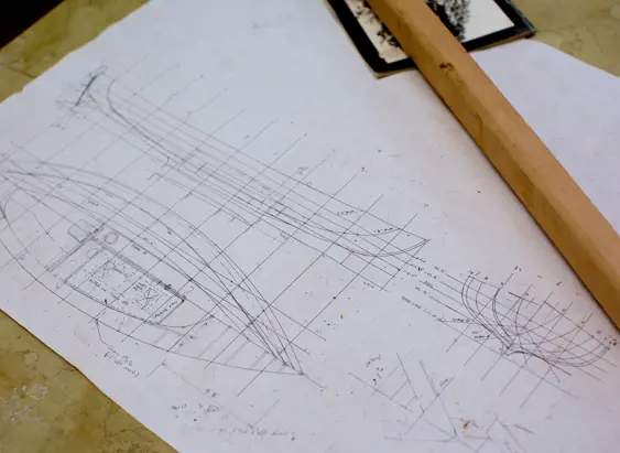 Hand drawn boat plans at the Wooden Boat Centre Tasmania, Franklin in the Huon Valley