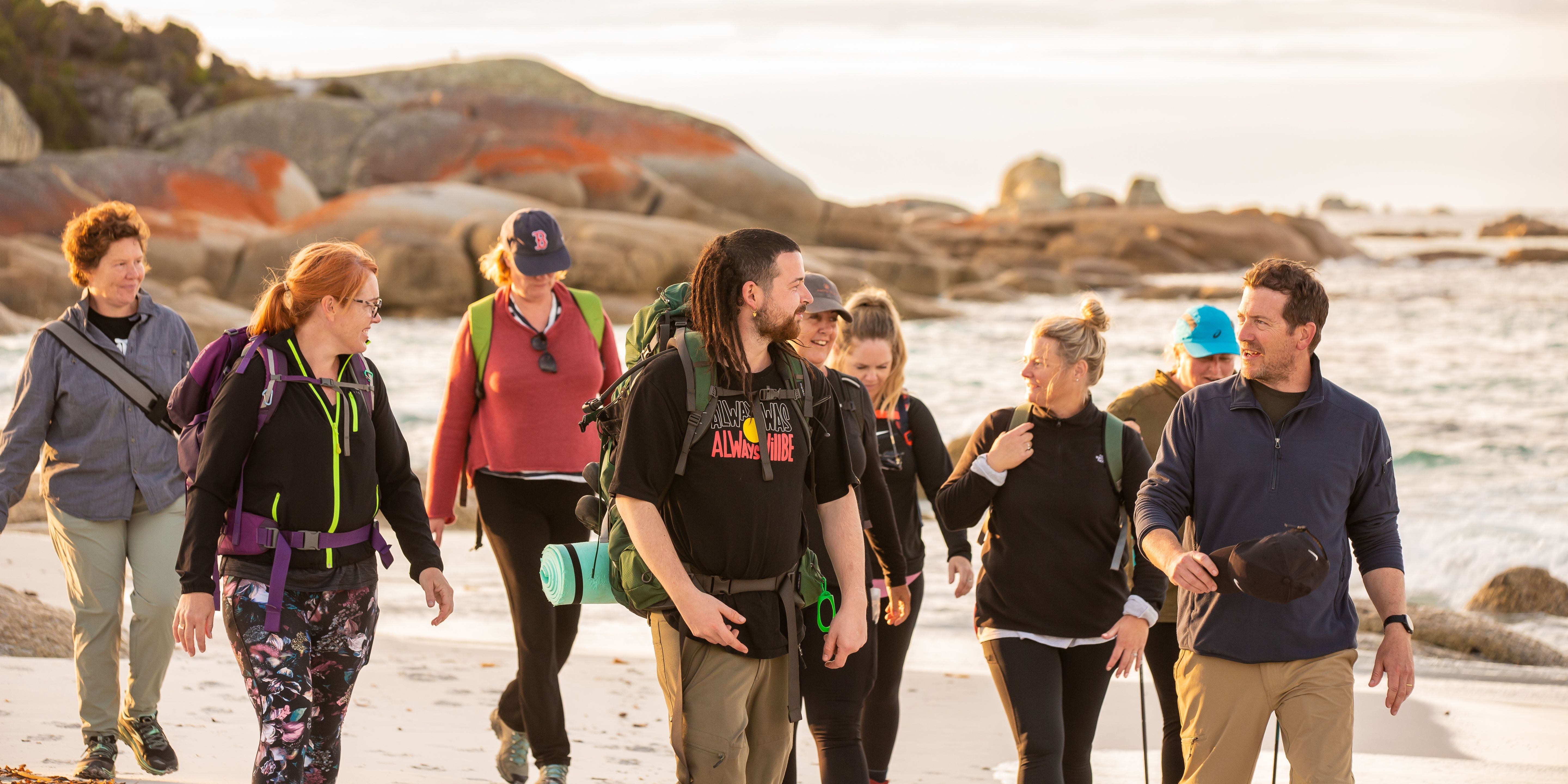 Palawa guide Cody Gangell leads walkers on wukalina Walk, wukalina / Mount William National Park