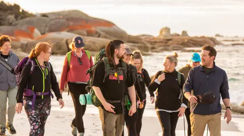 Palawa guide Cody Gangell leads walkers on wukalina Walk, wukalina / Mount William National Park