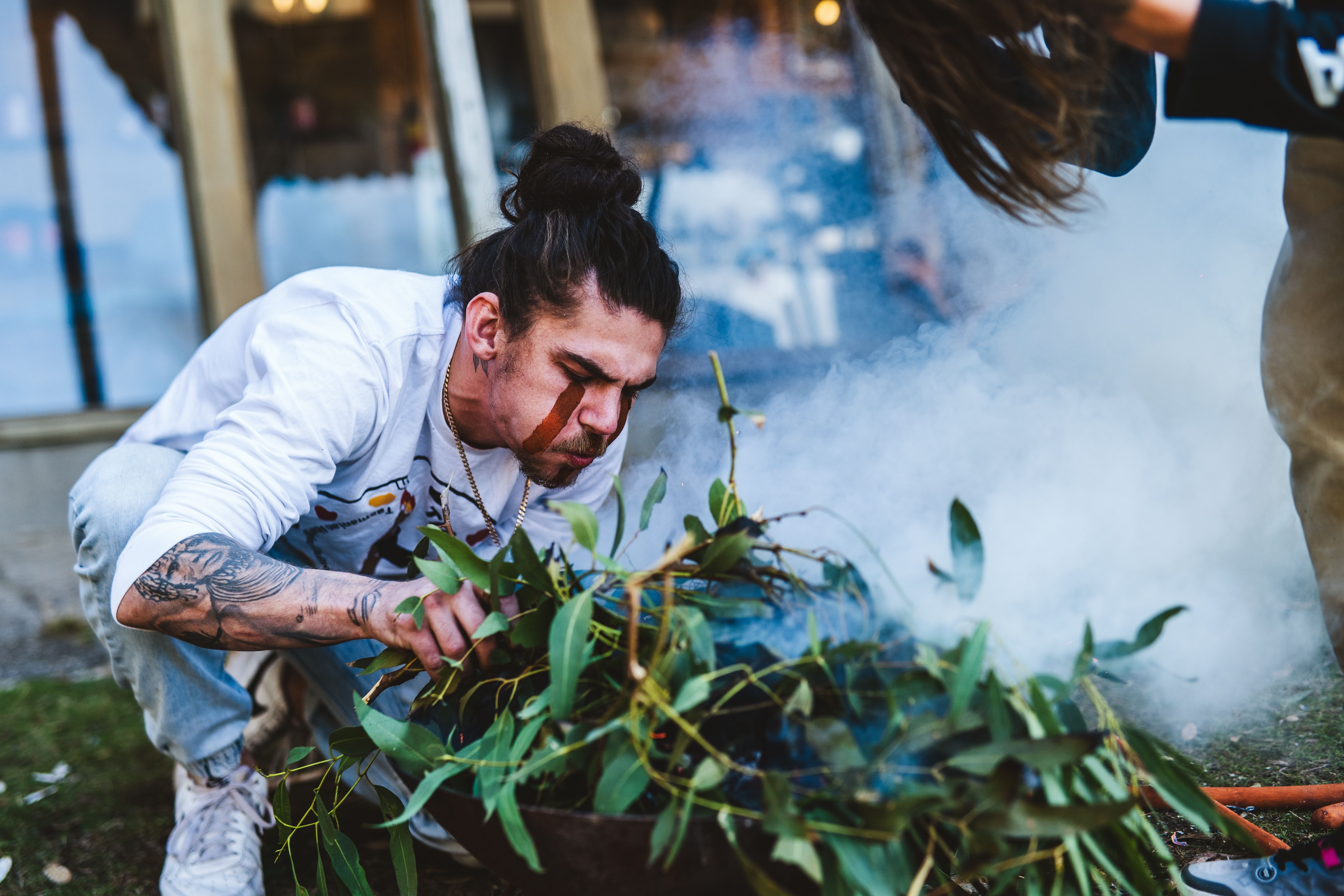 Smoking ceremony at Tiagarra Tasmanian Aboriginal Cultural Centre, Mersey Bluff, Devonport, Tasmania