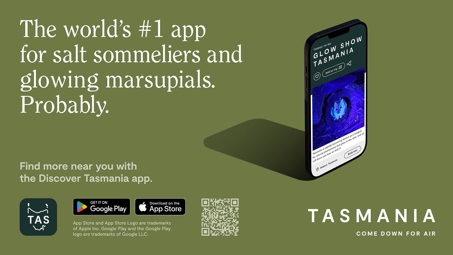 Advertisement for the Discover Tasmania app: the world's #1 app for salt sommeliers and glowing marsupials. Probably.