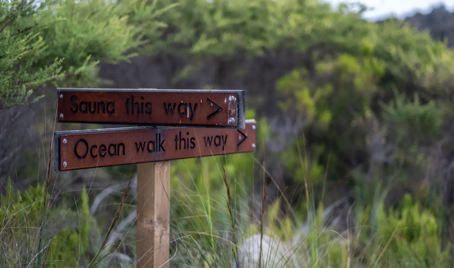 Wooden directional signs reading "Sauna this way" and "Ocean walk this way" at Little Beach Co. Resort, Chain of Lagoons, Tasmania