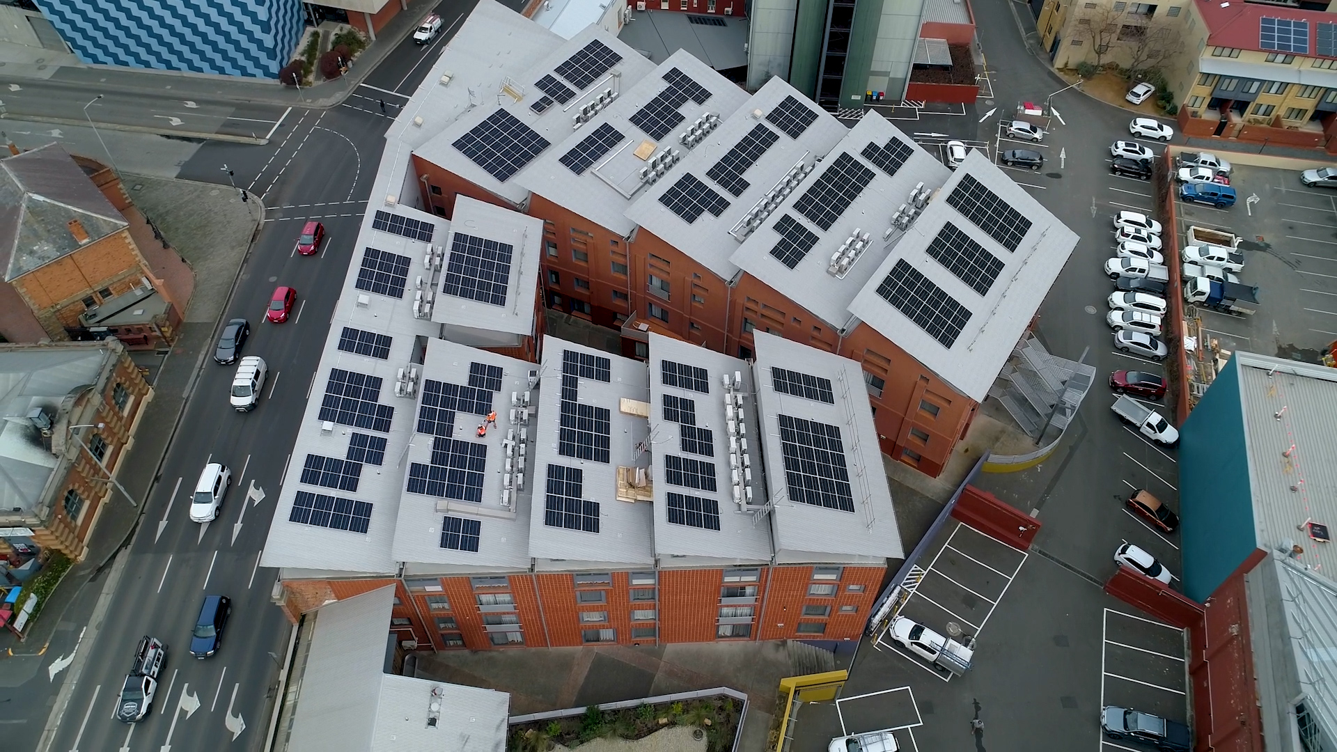 Aerial view of solar panels on the rooftops of The Old Woolstore Apartment Hotel, Hobart, Tasmania