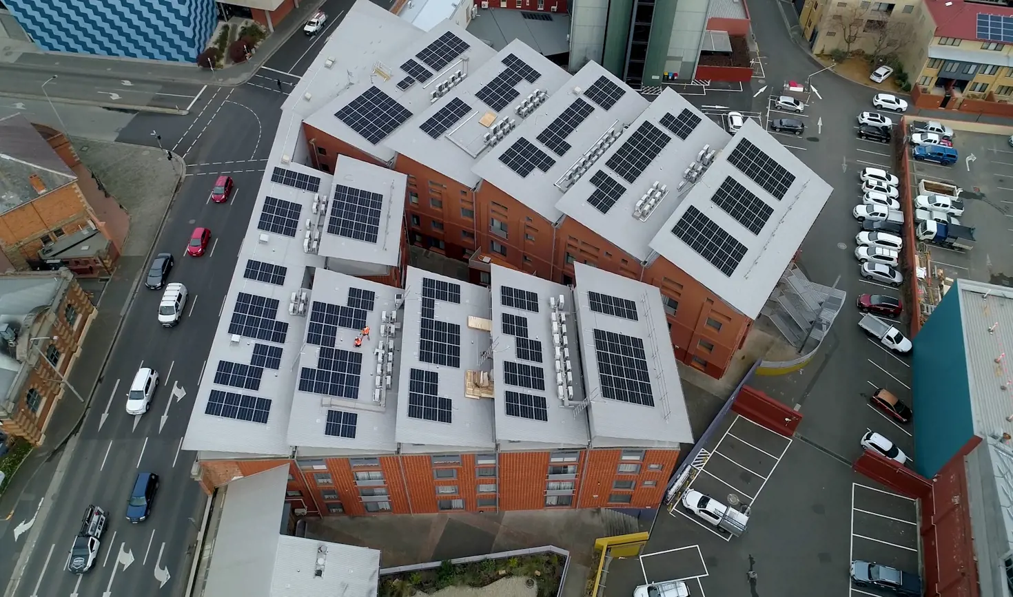 Aerial view of solar panels on the rooftops of The Old Woolstore Apartment Hotel, Hobart, Tasmania
