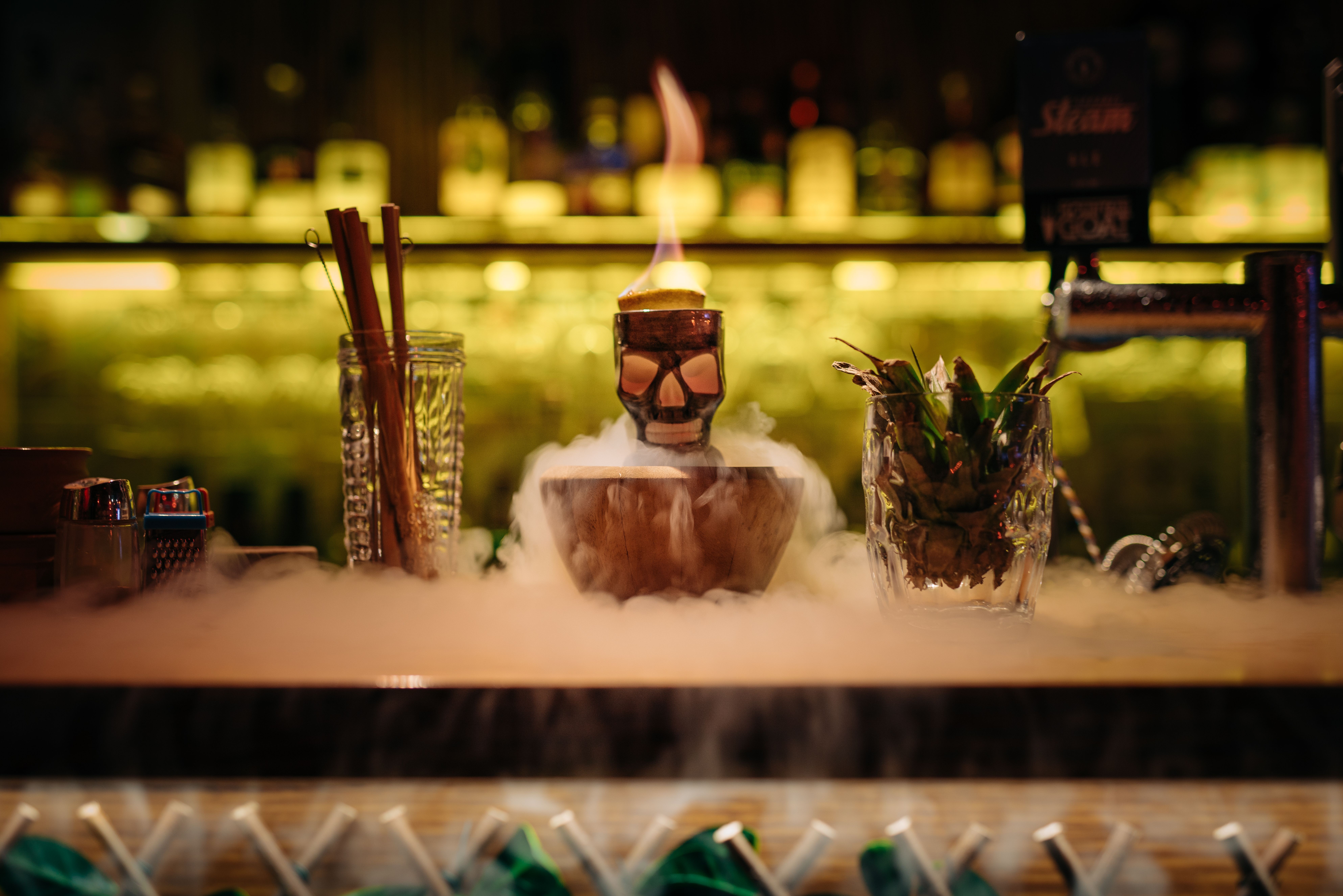 A flaming drink with smoke effect served at Pancho Villa Restaurant and Bar, North Hobart, Tasmania
