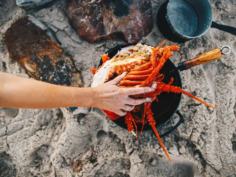 A hand reaching for cooked seafood on the beach during a Tasman Sea Salt experience, Little Swanport, Tasmania