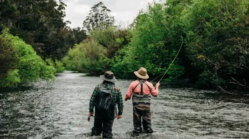 Two anglers fly fishing in St Patricks River with one casting a line, near Launceston, Tasmania