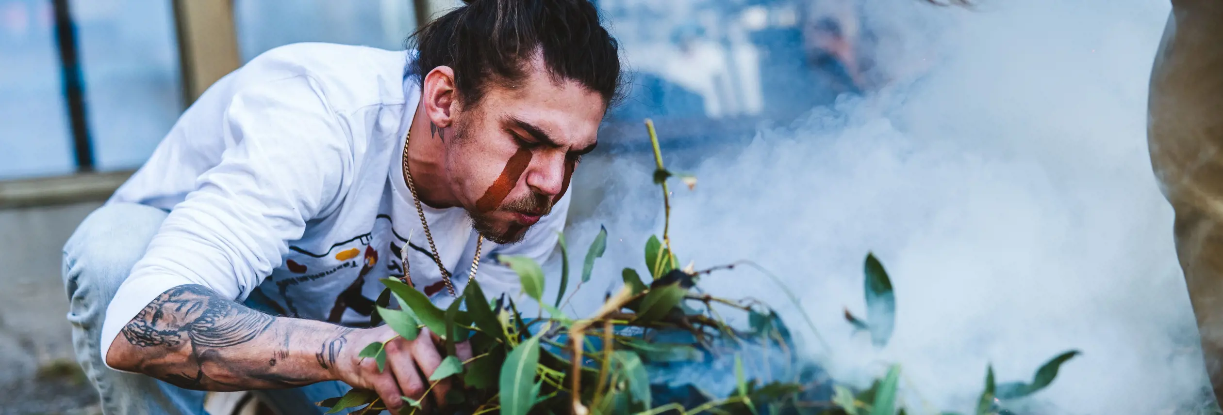 Smoking ceremony at Tiagarra Tasmanian Aboriginal Cultural Centre, Mersey Bluff, Devonport, Tasmania