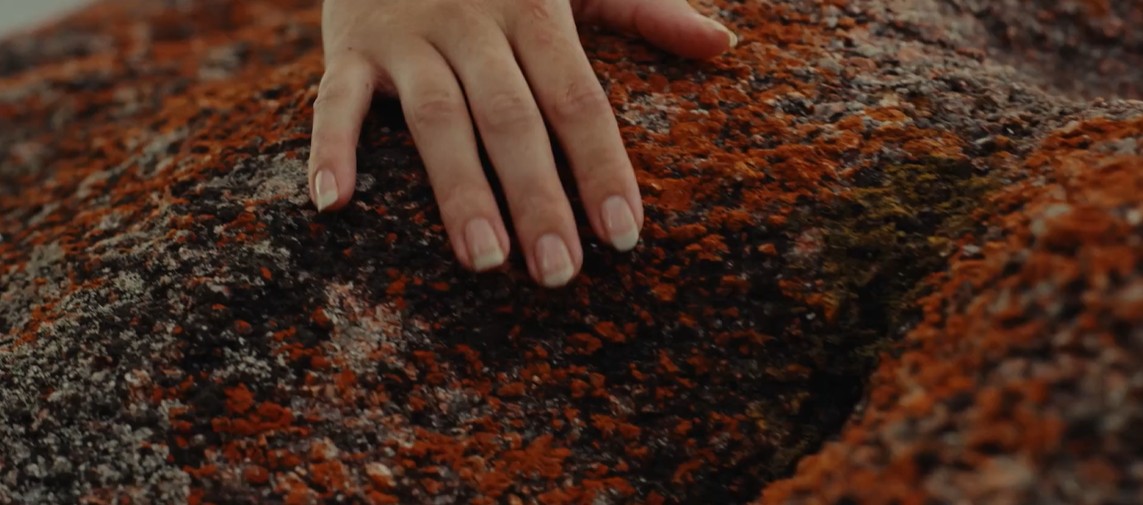 A hand resting on lichen covered granite at Honeymoon Bay, Freycinet National Park, Tasmania