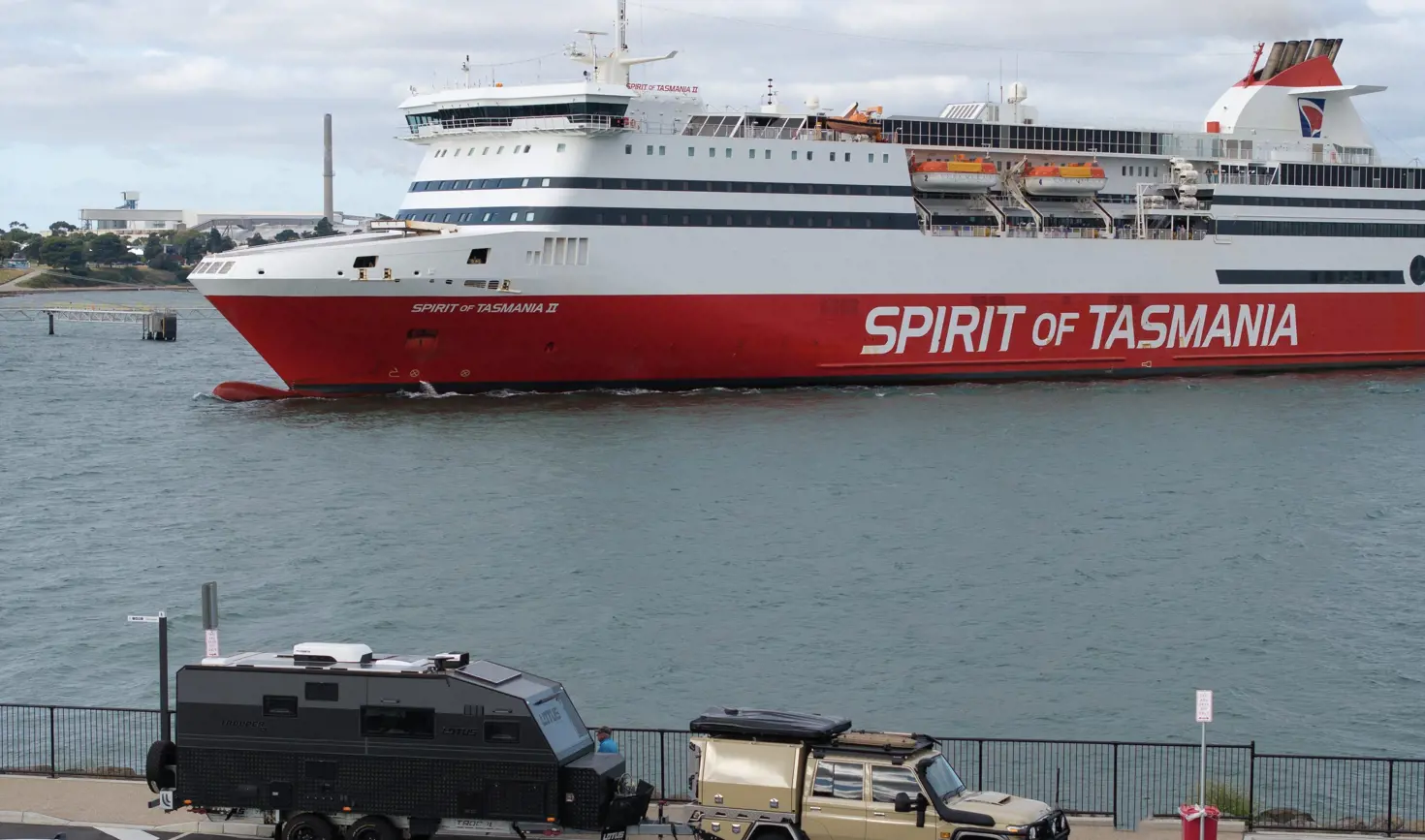 A 4WD towing a caravan in the queue to board the Spirit of Tasmania II ferry, Devonport, Tasmania