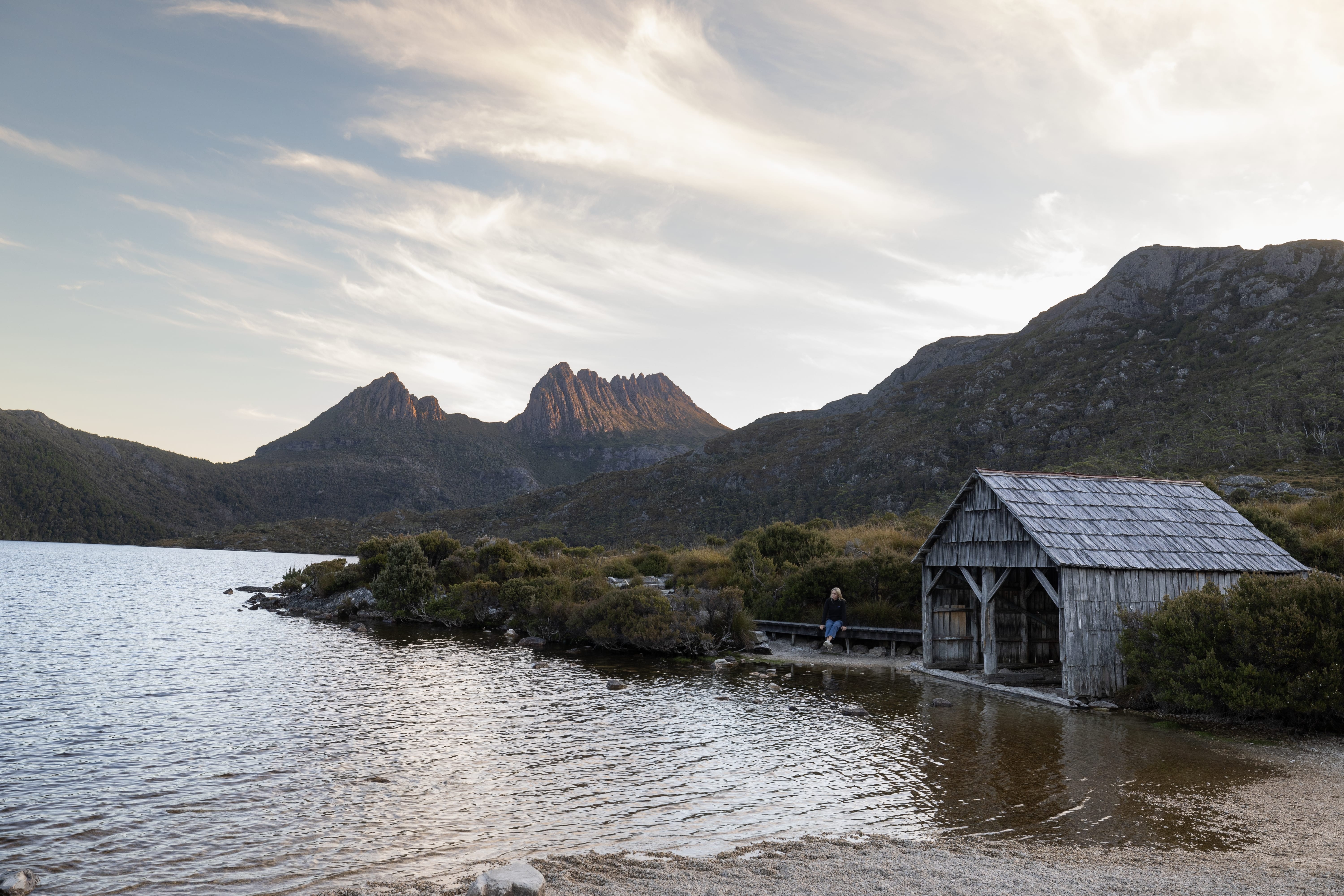 The Dove Lake boatshed with Cradle Mountain in the background, Cradle Mountain-Lake St Clair National Park, Tasmania
