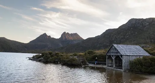 The Dove Lake boatshed with Cradle Mountain in the background, Cradle Mountain-Lake St Clair National Park, Tasmania