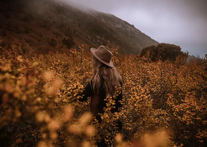 A walker in a hat surrounded by Fagus, Cradle Mountain-Lake St Clair National Park, Tasmania