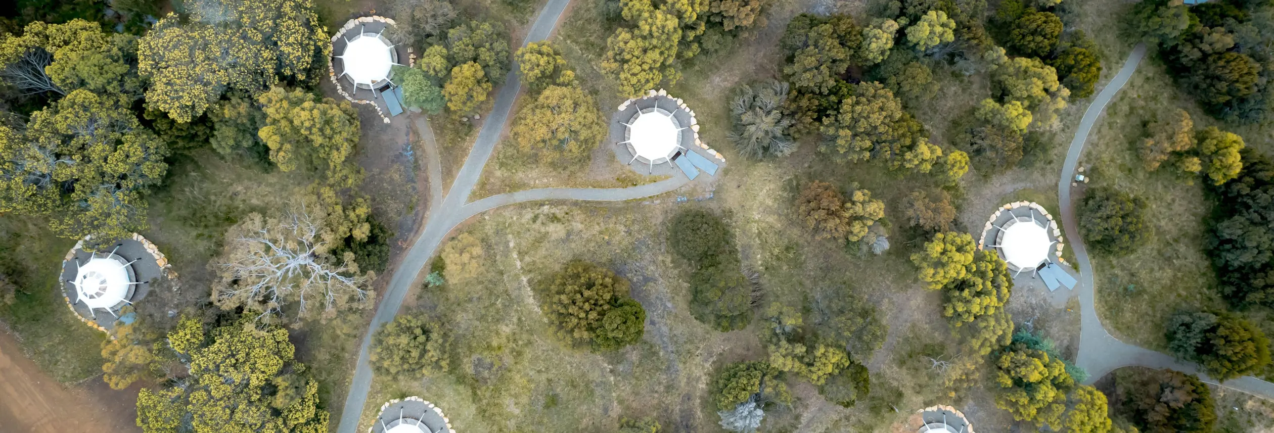 Aerial view of glamping tents nestled among bushland at Spring Bay Mill, Triabunna