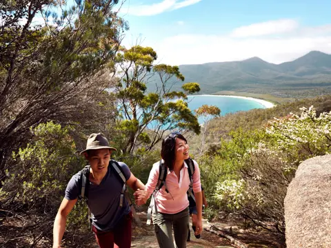 Two walkers ascending the Wineglass Bay Walking Track with the curved beach visible beyond, Freycinet National Park