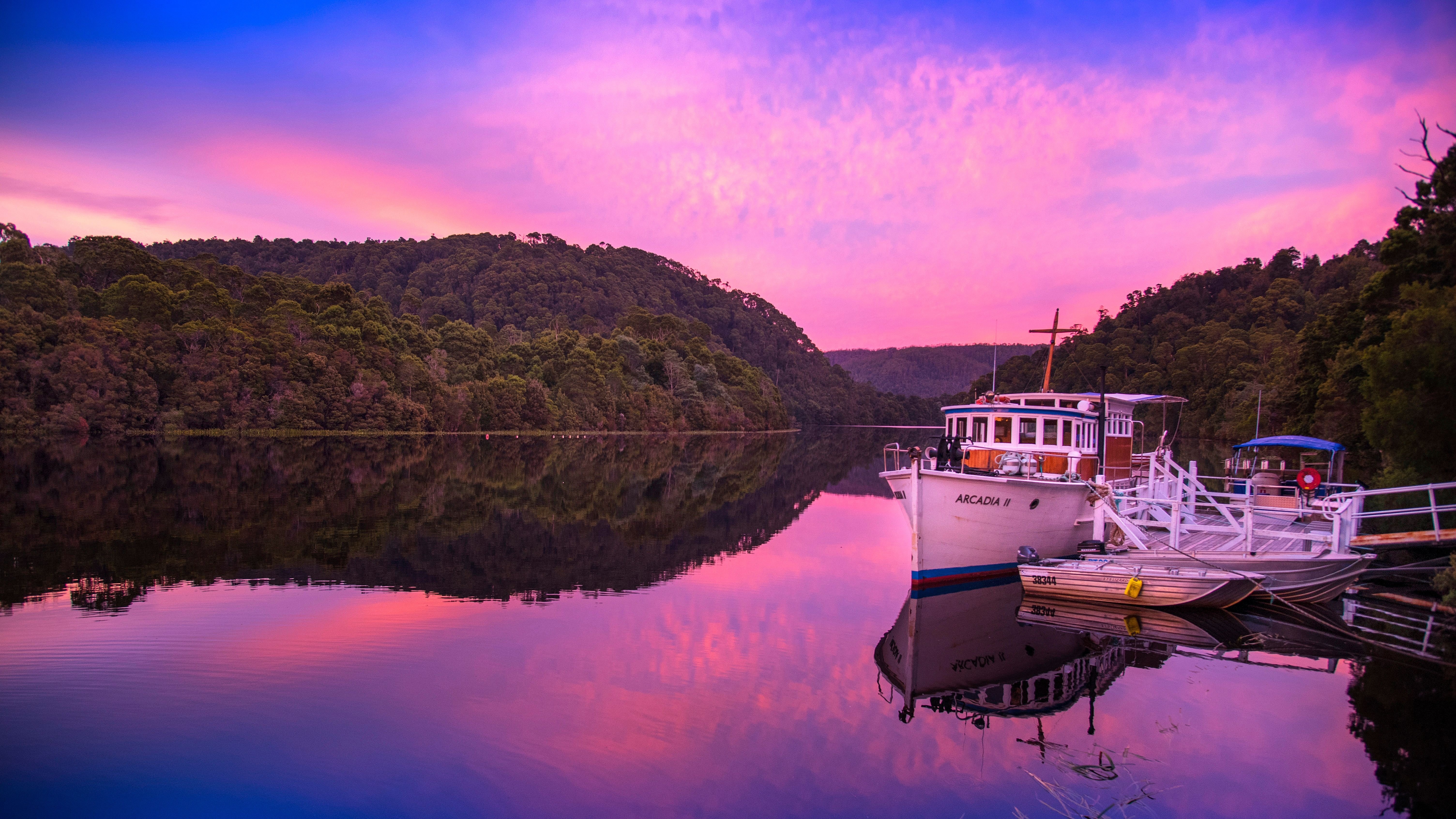 Arcadia II heritage cruise boat moored on the Pieman River at sunset, Corinna, takayna / Tarkine
