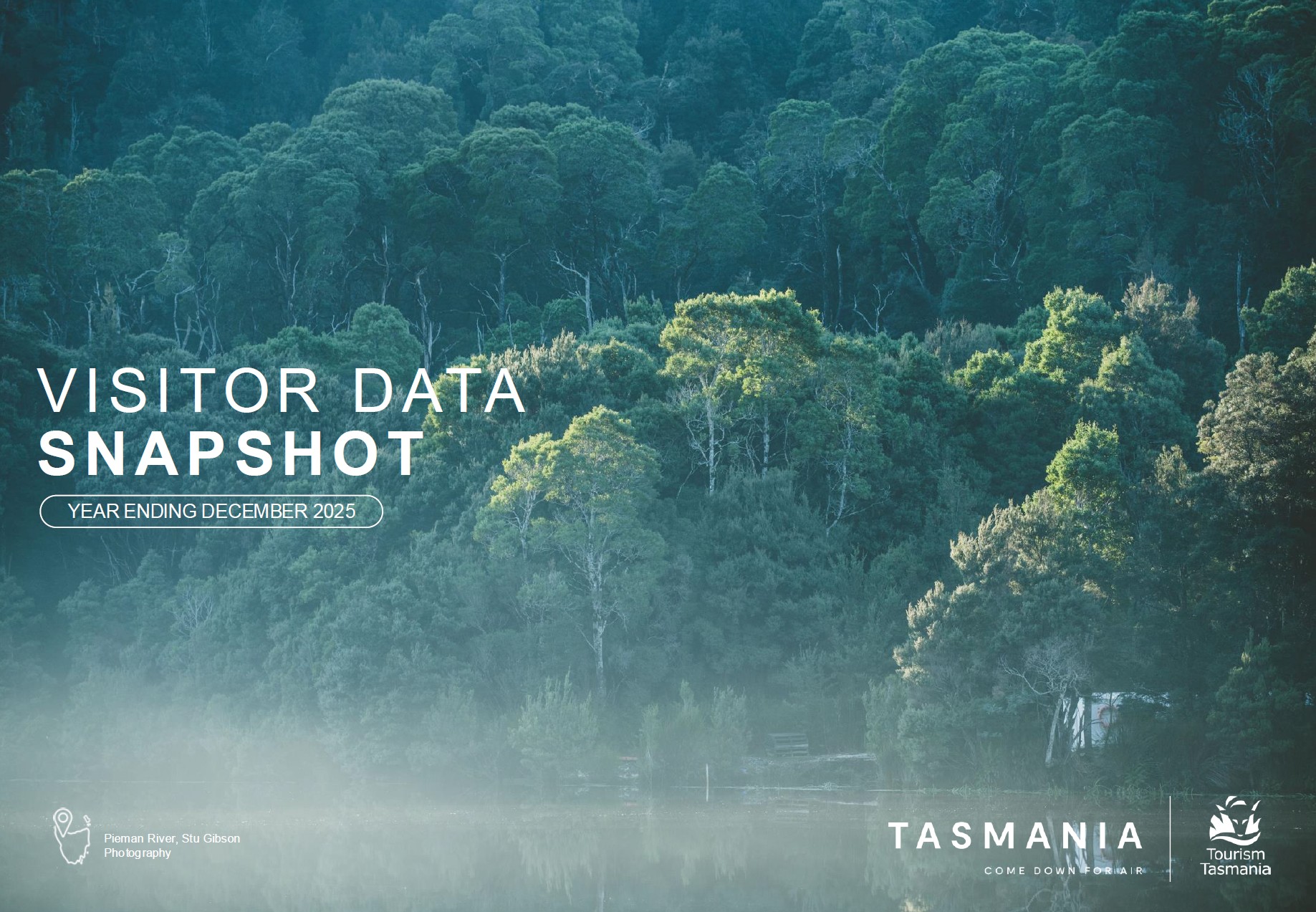 Cover of Tourism Tasmania's Visitor Data Snapshot for year ending December 2025, featuring the misty Pieman River, Corinna