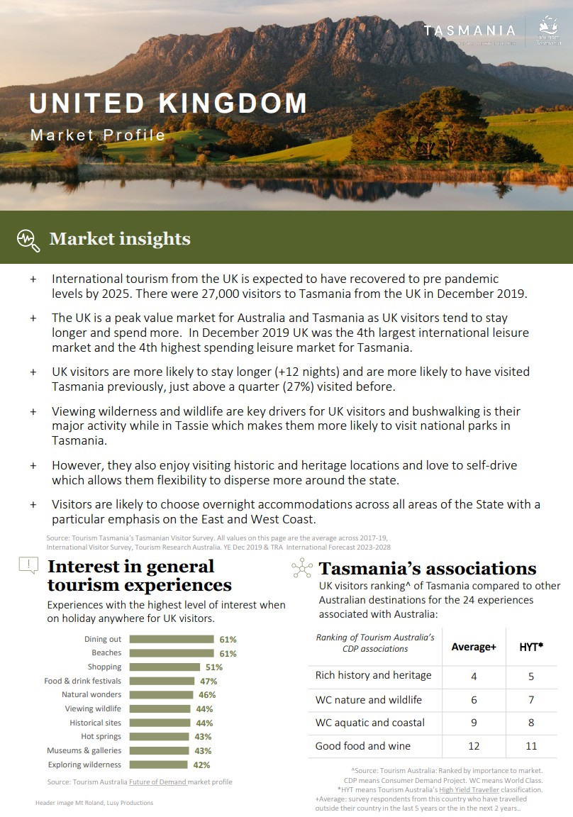 Cover of Tourism Tasmania's UK market profile with statistics on visitor value, interests and Tasmania associations