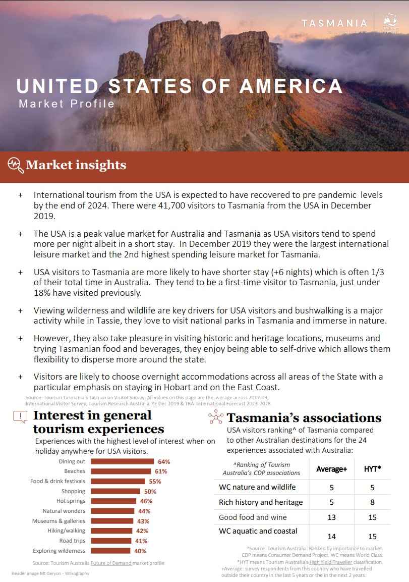 Cover of Tourism Tasmania's USA market profile with statistics on visitor value, interests and Tasmania associations