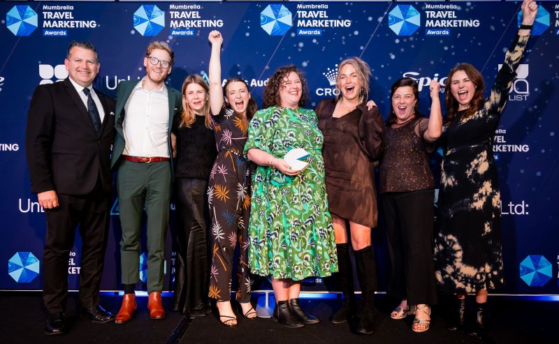 Tourism Tasmania team celebrating their Travel Marketing Team of the Year win at the Mumbrella Travel Marketing Awards, Sydney