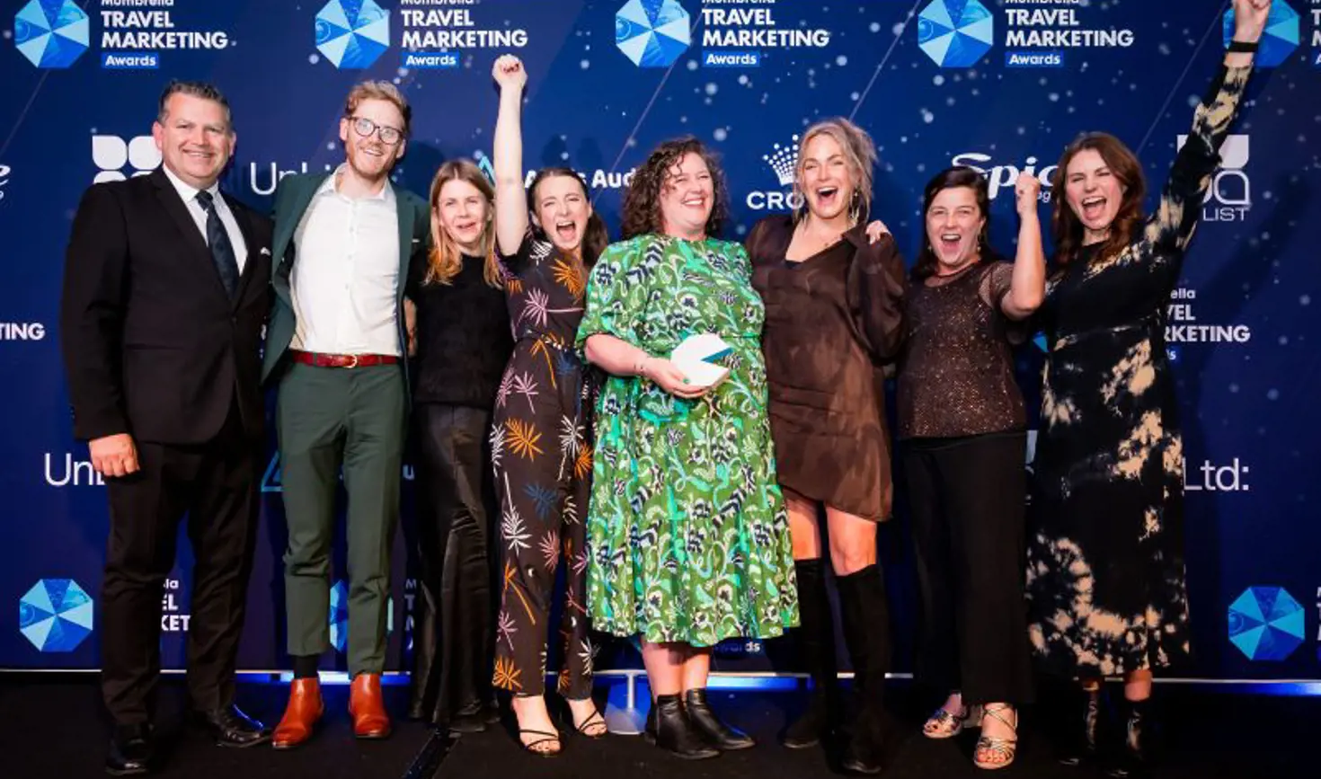 Tourism Tasmania team celebrating their Travel Marketing Team of the Year win at the Mumbrella Travel Marketing Awards, Sydney