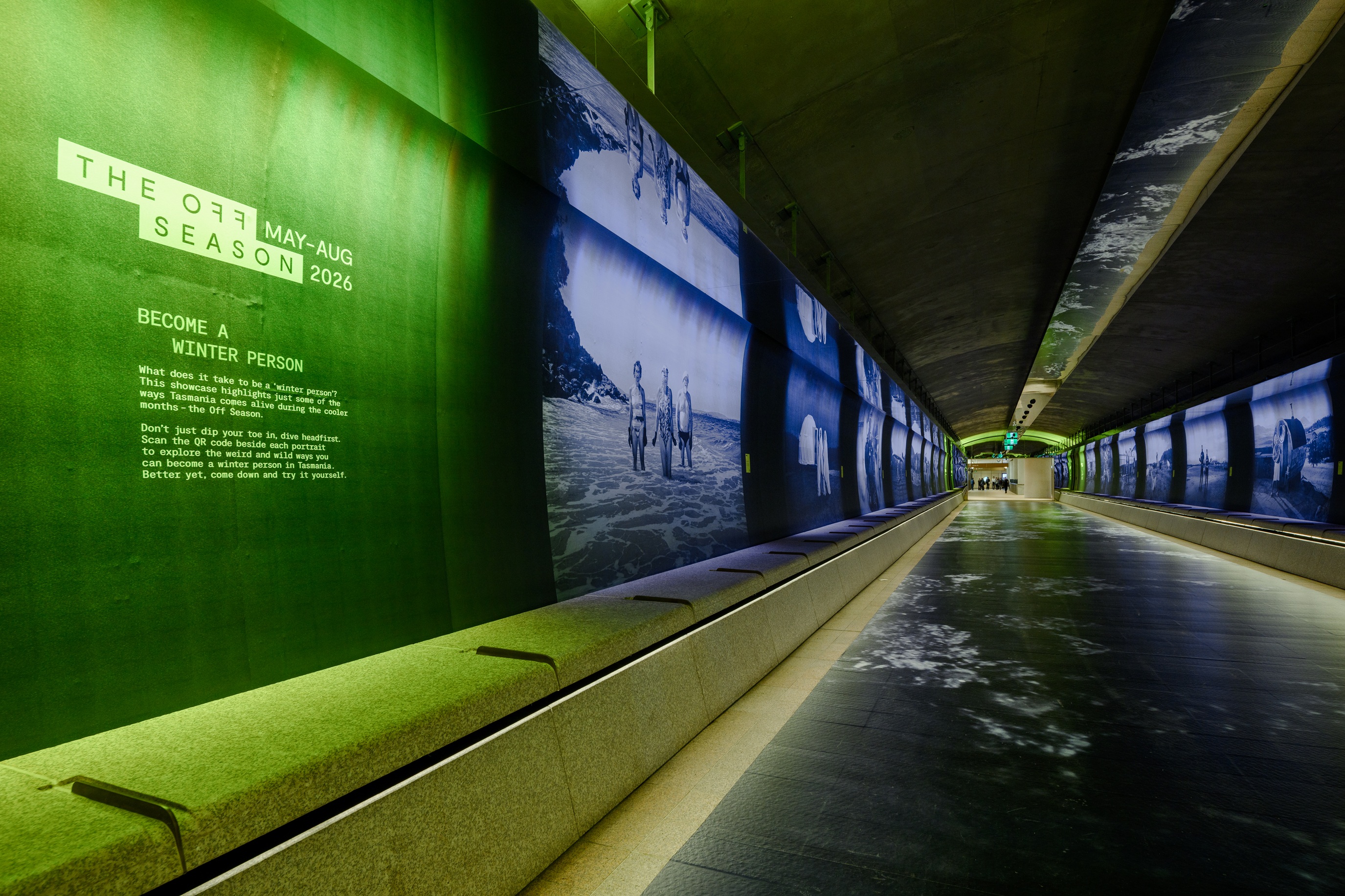 The Off Season Tasmania campaign installation filling the Martin Place Metro tunnel in Sydney with immersive light and imagery