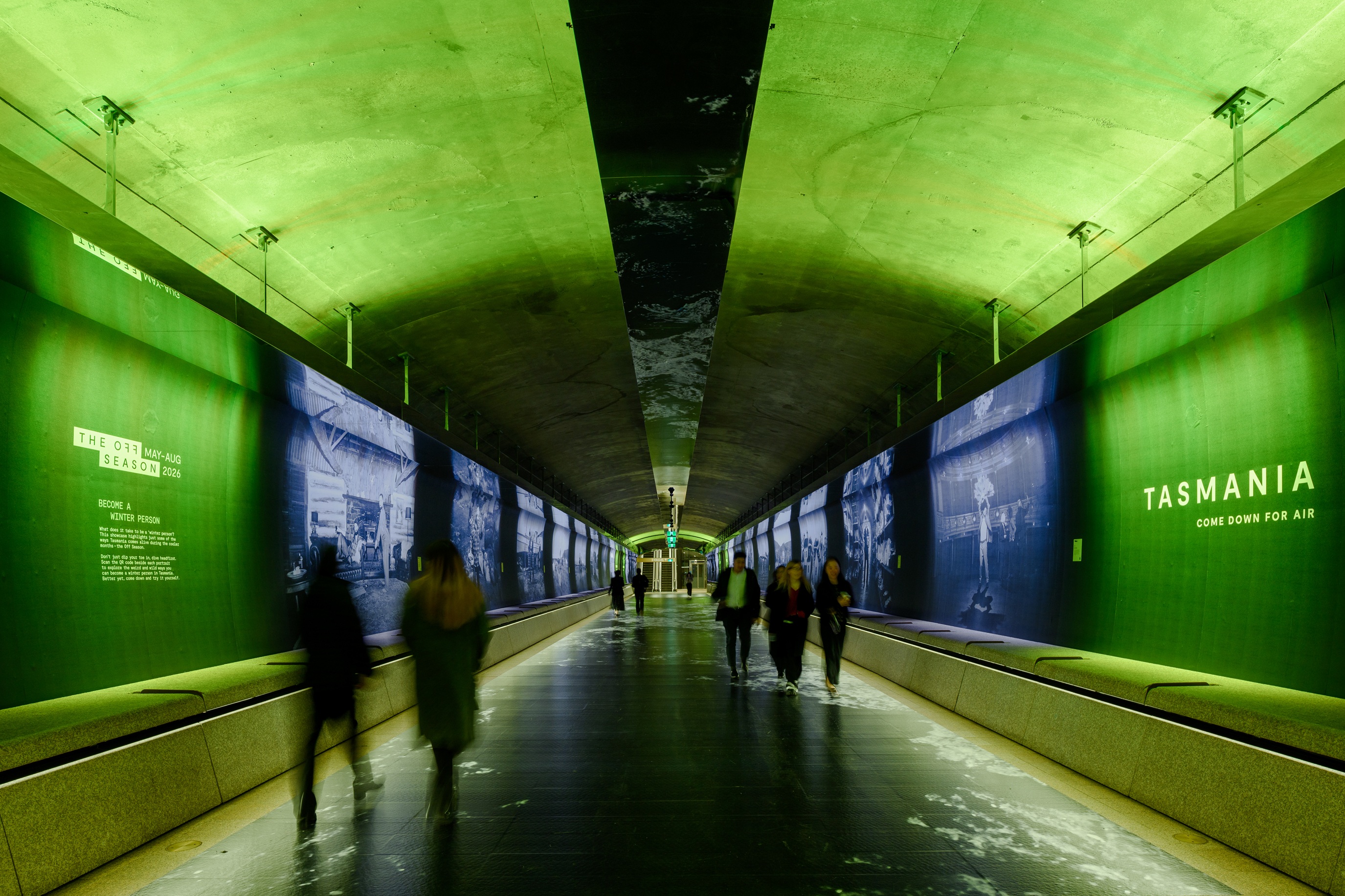 The Off Season Tasmania campaign installation filling the Martin Place Metro tunnel in Sydney with immersive light and imagery