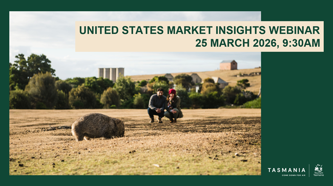 Promotional banner for the Tourism Tasmania United States Market Insights Webinar on 25 March 2026