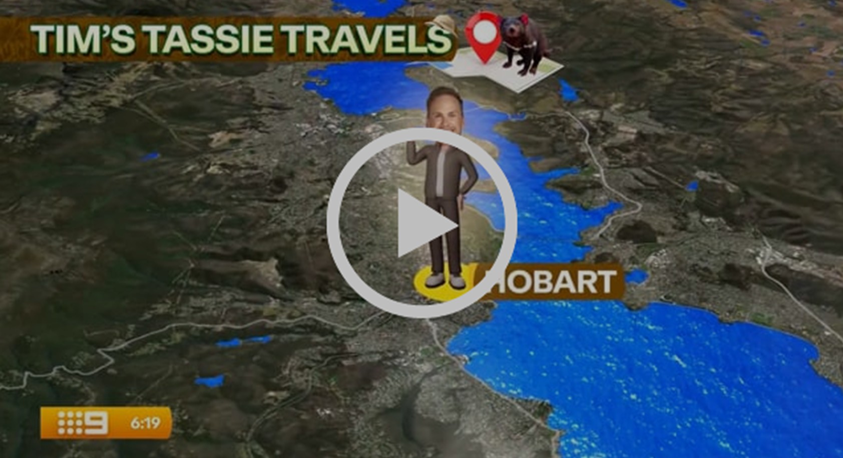 Channel 9 Today Show segment Tim's Tassie Travels with host Tim Davies pinned to Hobart on an aerial map of Tasmania