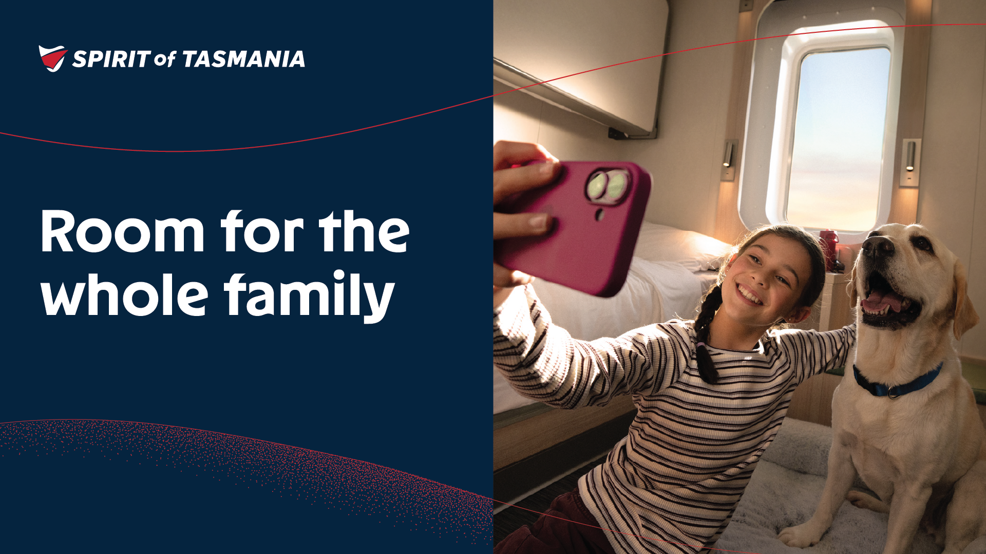 Room for the whole family: Spirit of Tasmania campaign artwork of a child taking a selfie with a dog in a cabin