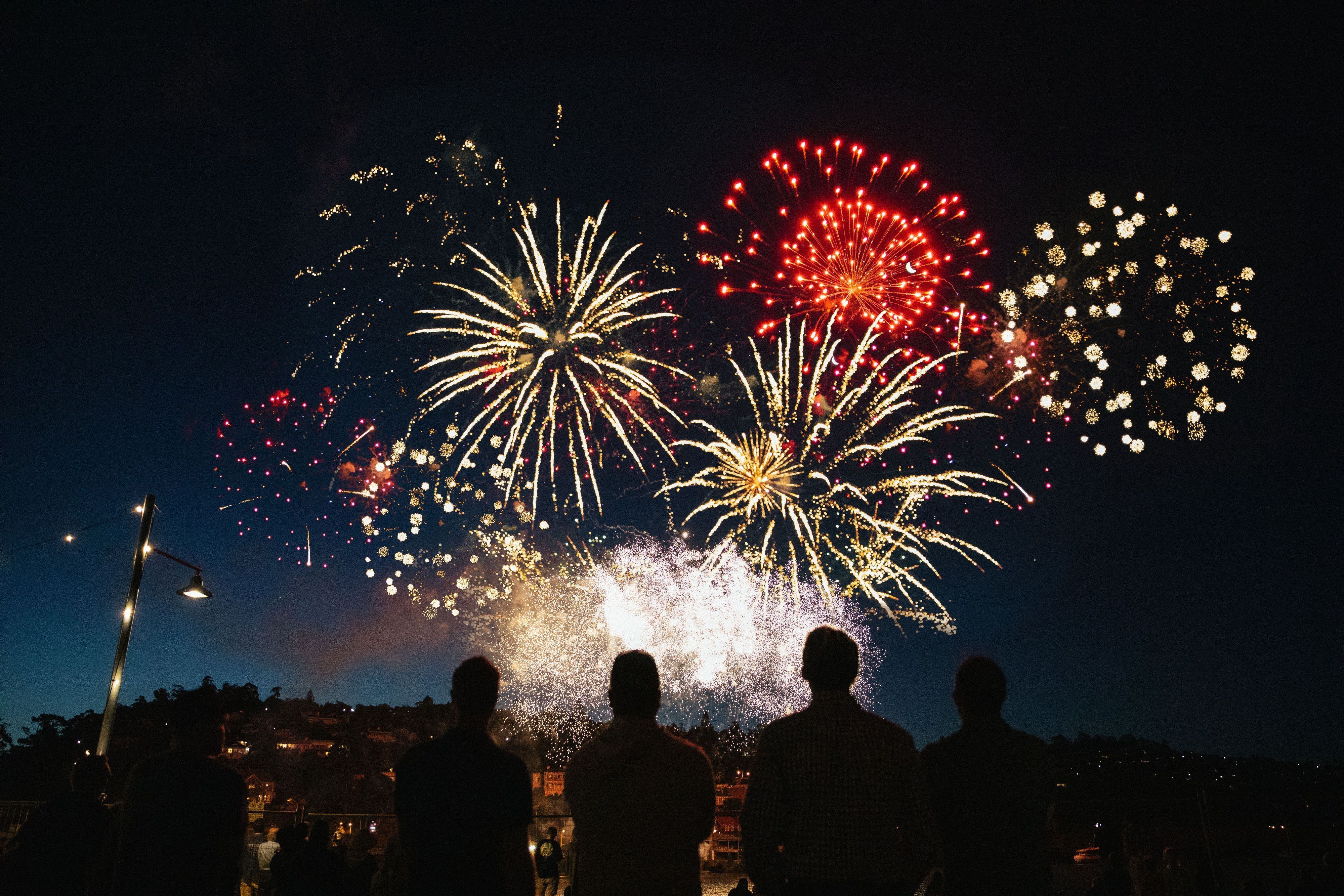 Silhouettes of people watching a fireworks display at night during Launceston BeerFest, Royal Park, Launceston
