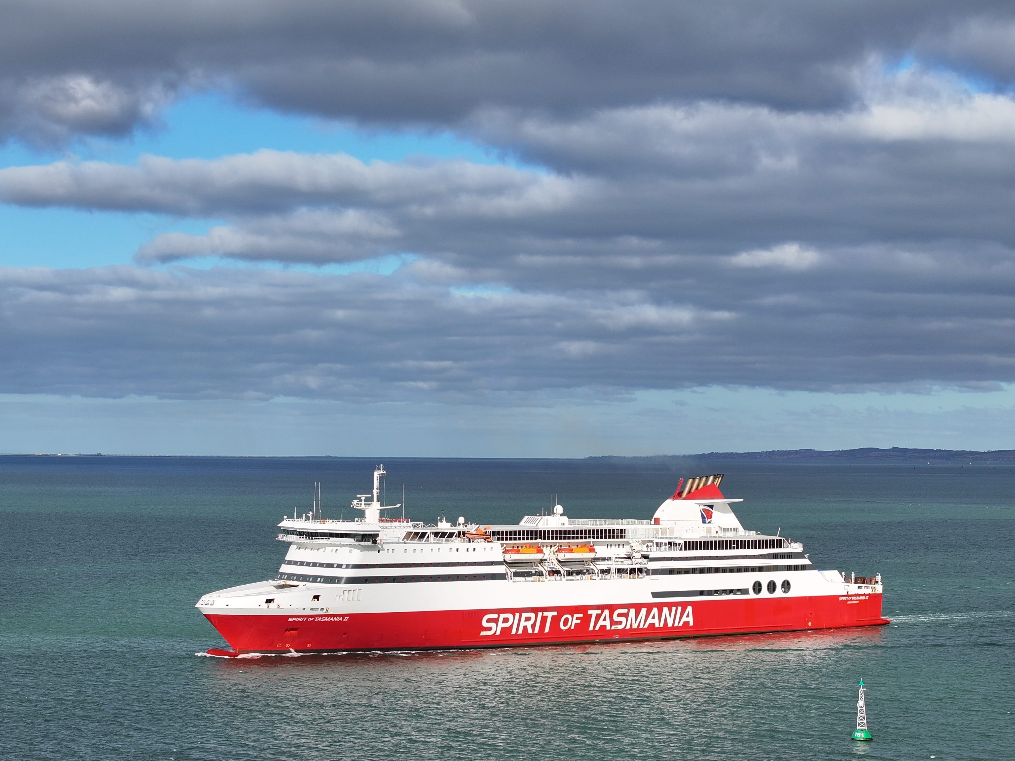 Spirit of Tasmania ferry sailing across open water under cloudy skies near Devonport