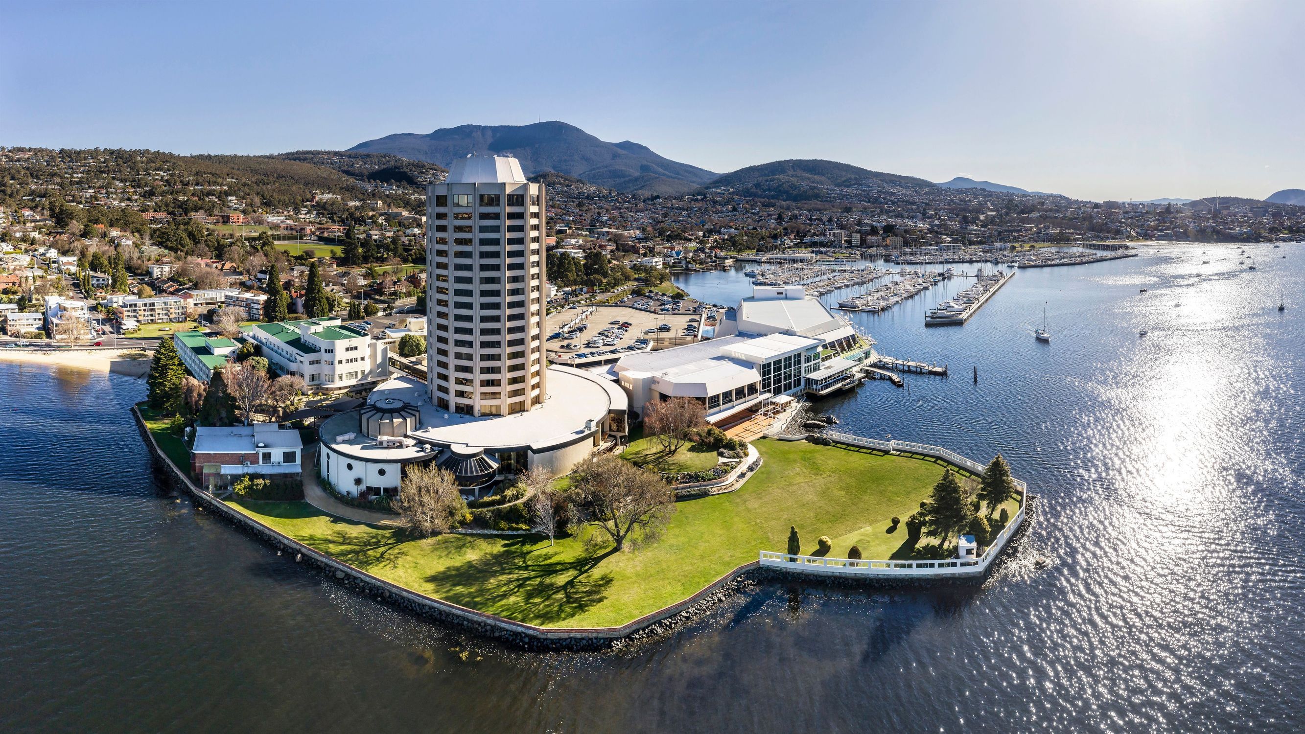 Aerial view of Wrest Point on the waterfront with kunanyi / Mount Wellington behind