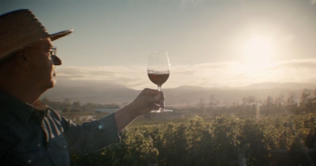 Video screengrab from the 2013 Go Behind the Scenery campaign with a person holding a glass of red wine above a Tasmanian vineyard