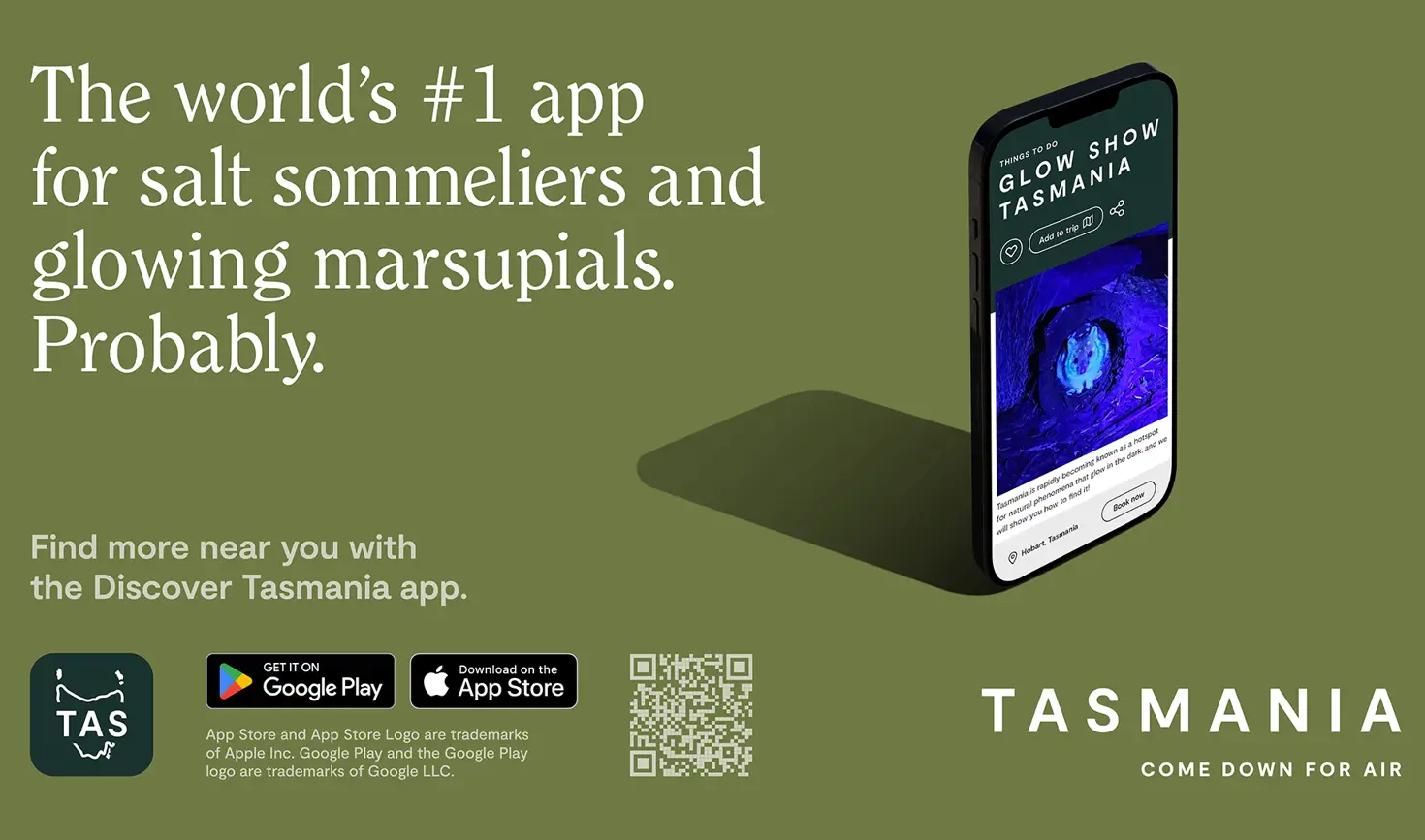 Advertisement for the Discover Tasmania app: the world's #1 app for salt sommeliers and glowing marsupials. Probably.