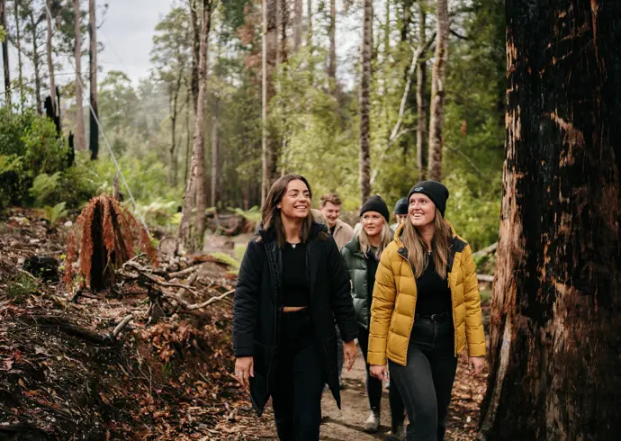A group of friends smile as they walk along a forest trail among tall trees at Tahune Adventures in Geeveston